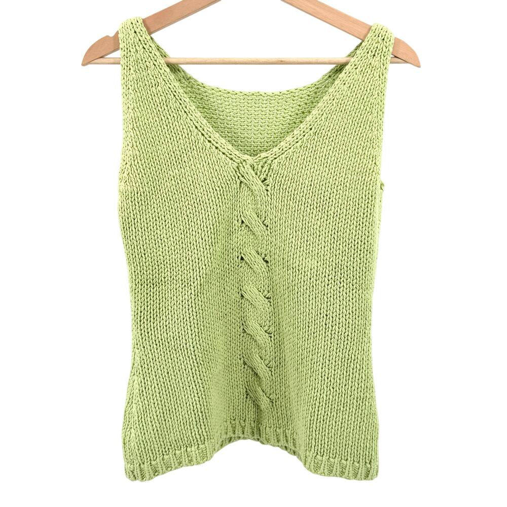Vintage 90s Lime Green 100% Cotton Cable Knit Sweater Vest Tank